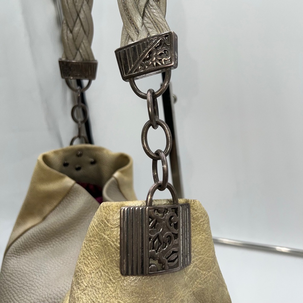 Brighton Metallic Beige Leather Hobo Shoulder Bag Chain Braided Strap Purse - Picture 5 of 10